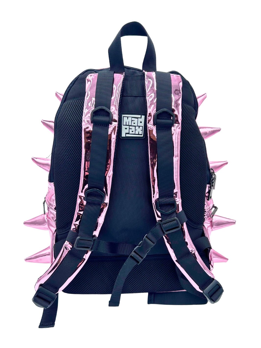 Back view of metallic pink bookbag with spikes by Madpax