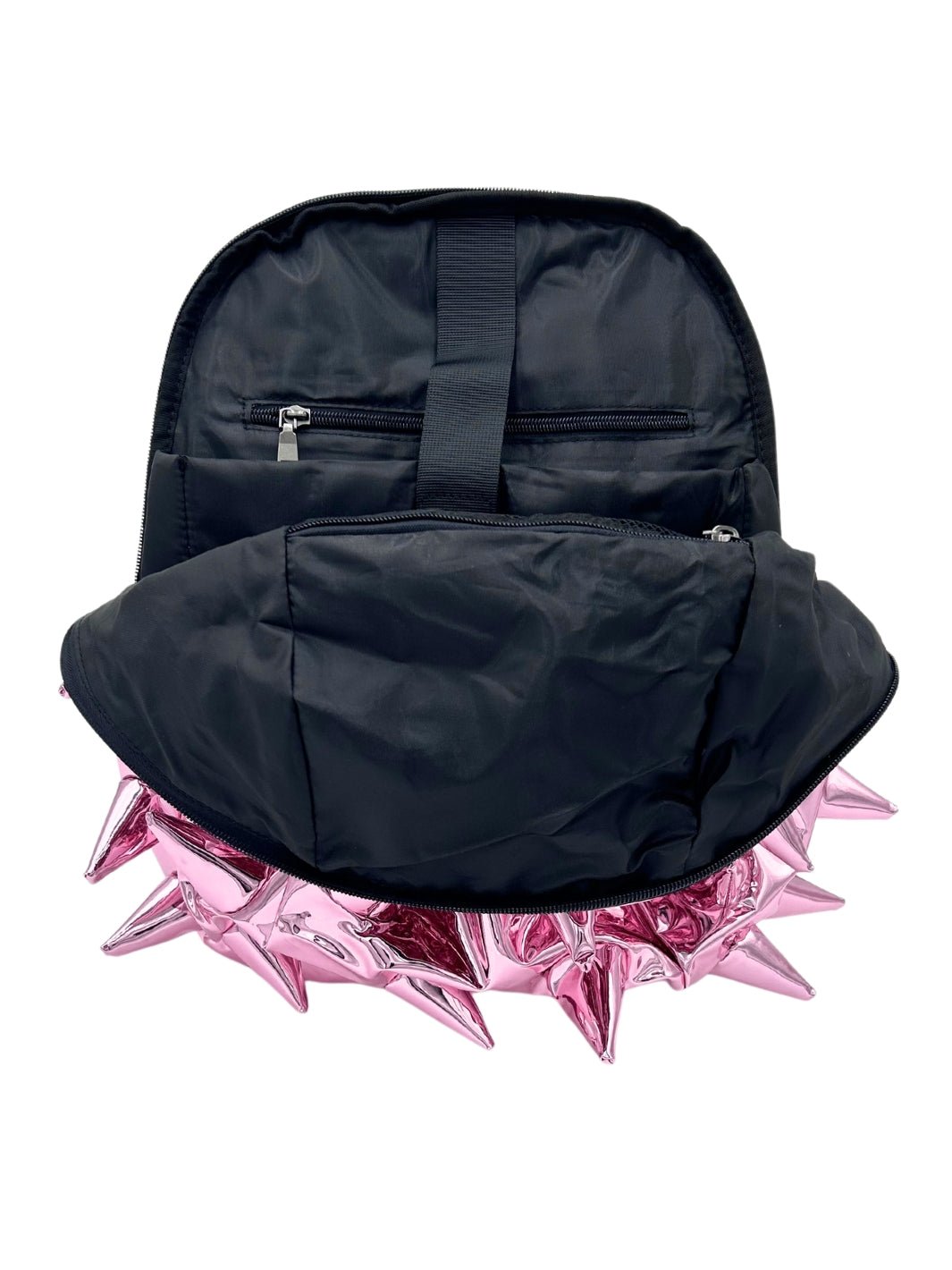 Inside view of metallic pink bookbag with spikes by Madpax