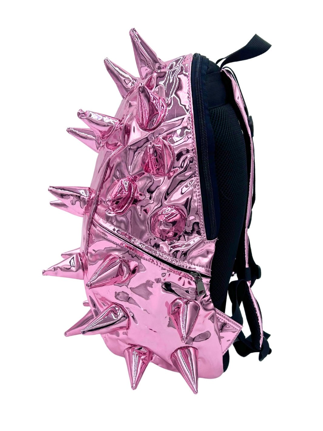 Side view of metallic pink bookbag with spikes by Madpax